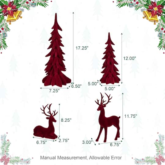 Glitzhome® Burgundy Flocked Reindeer with Tree Christmas Table Décor Set